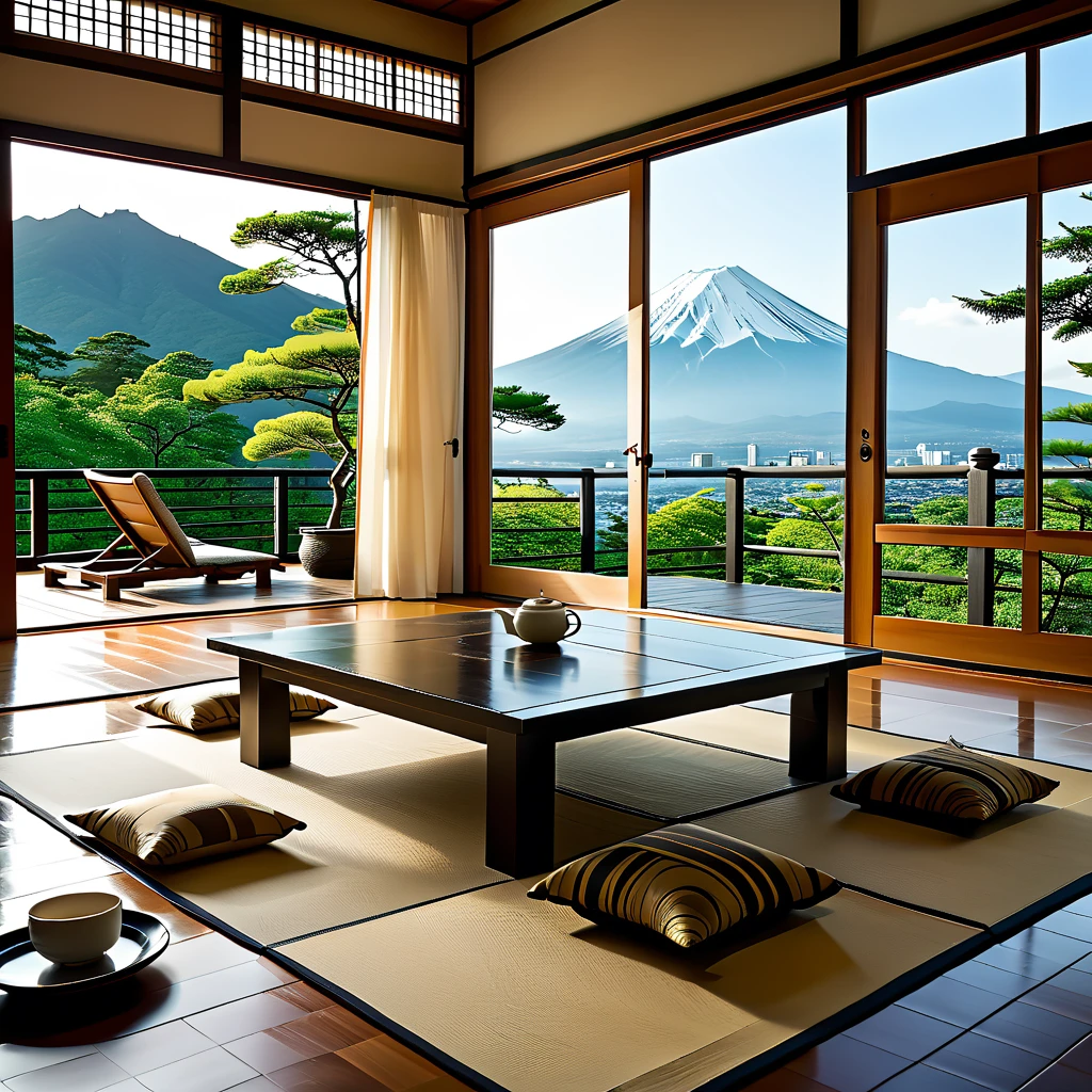 (masterpiece, top quality, best quality),(ultra-detailed, absolutely resolution),((16k, high res)),

BREAK {hyper-realistic photo of a traditional Japanese room (washitsu) with a view of Mount Fuji. The room should feature tatami mats, sliding shoji doors, and low wooden furniture such as a tea table and cushions. Through the large open shoji doors or windows, there should be a breathtaking view of Mount Fuji, framed by a serene Japanese garden with meticulously maintained plants and a small pond. The lighting should be soft and natural, enhancing the tranquility of the scene. Include elements like a scroll painting or calligraphy on the wall, and traditional Japanese tea set on the table. The overall atmosphere should be calm and serene, capturing the timeless beauty of Japanese architecture and the majestic presence of Mount Fuji.}

BREAK { (produces images with information more than 40 million pixels with cinematic-like detailed textures shot on a Sony SLR).}