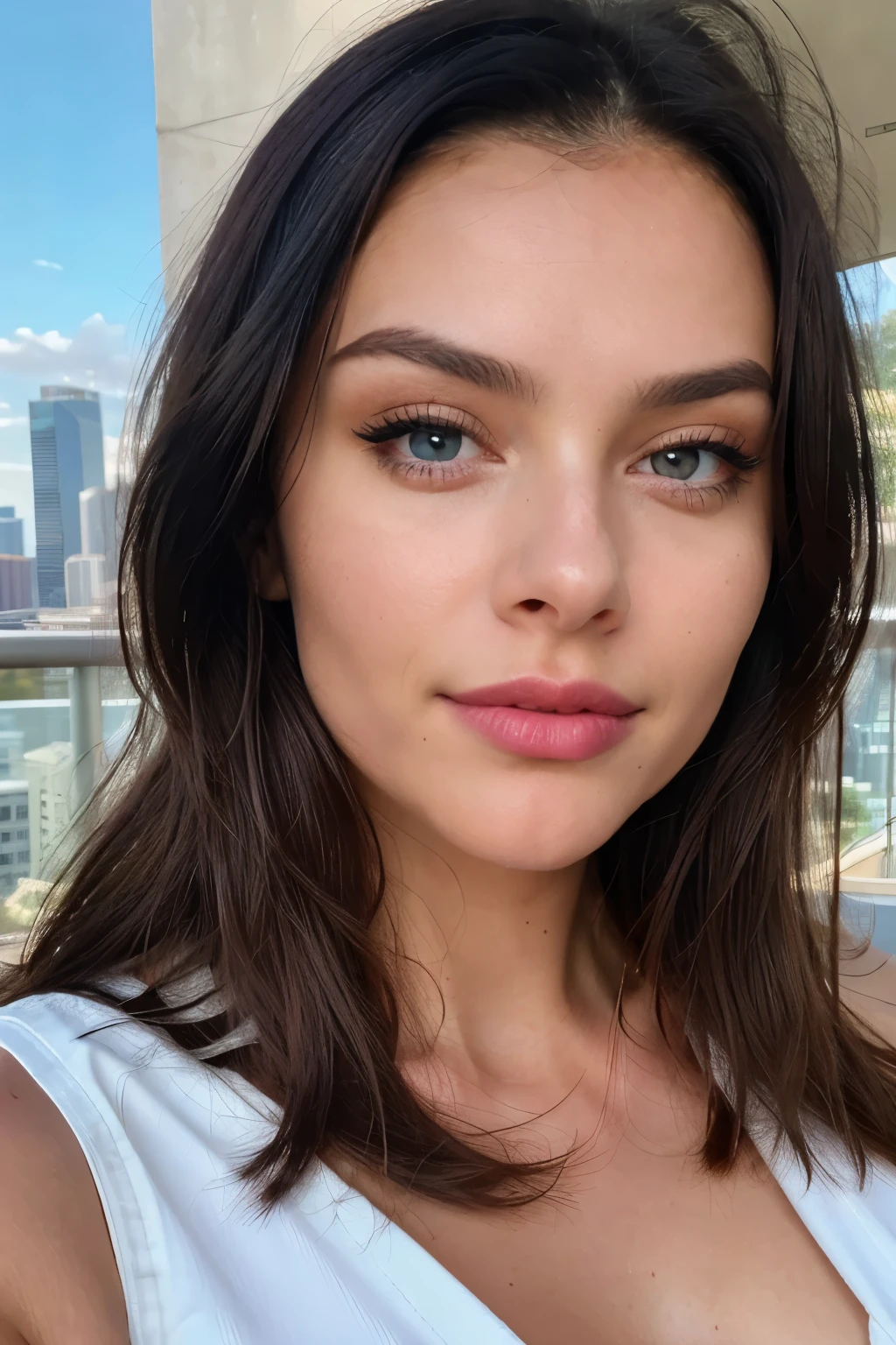 Photorealistic, ultradetailed, Selfie-style portrait, Young woman, Outdoor environment, Modern balcony, Glass railings, High-rise building view, Well-lit, Daytime, Dark hair (long, straight), Striking blue eyes, Defined eyebrows, Subtle smile, Natural makeup, Pink lip color, Fair skin, Full lips, White ribbed tank top, Bold and sexy poses, Medium depth of field, Medium-sized bust (1.3), High resolution, Masterpiece, Best quality, Intricate details, Professional, 4k, Analogue style, Film grain, Perfect focus, Detailed skin, Realistic skin texture, Roughness