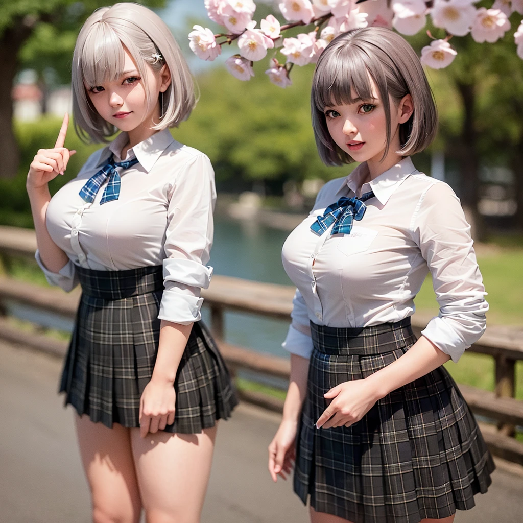 masterpiece, best quality, highres, ffnoel, short hair, x hair ornament, green eyes, blue bowtie, white shirt, collared shirt, black skirt, plaid skirt, pleated skirt, miniskirt, smile, outdoors, cherry blossoms, standing, cowboy shot, open mouth,