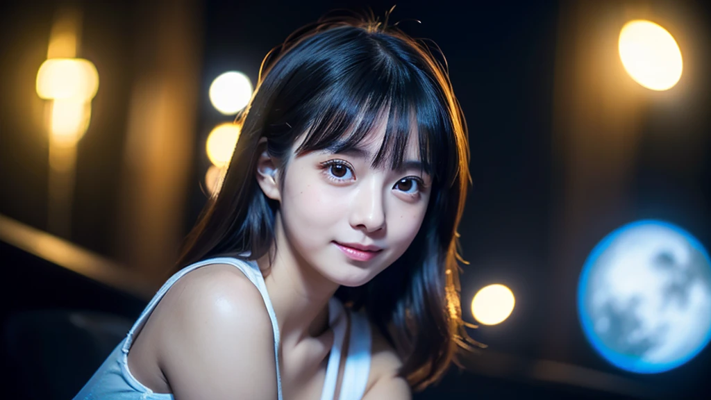 A very cute face like an idol、Looks like a young face、Only one 20-year-old woman、Gentle and cute、Cleavage、Beautiful starry night、((The only light is from the moon))、(((Cinema Lighting)))、(Dark Light)、RAW Photos、Genuine、((Quality indistinguishable from real life))、(Artistic Expression)、Real Stick、High resolution、masterpiece