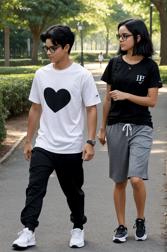 I want you to make me a Pixar-type image of a couple where they are in the park, in the background the letters come out of the scroll, The girl is wearing black Mayon pants, wearing a black t-shirt with an I logo and a red heart on the left side, the girl has black hair with a middle part, he has black glasses, with white tennis shoes, the boy has the same black shirt as the girlfriend, with a gray Bermuda shorts, and some black tennis shoes, His hair is short but wavy, dark brown., and they are side by side, The boy is taking her by the waist.