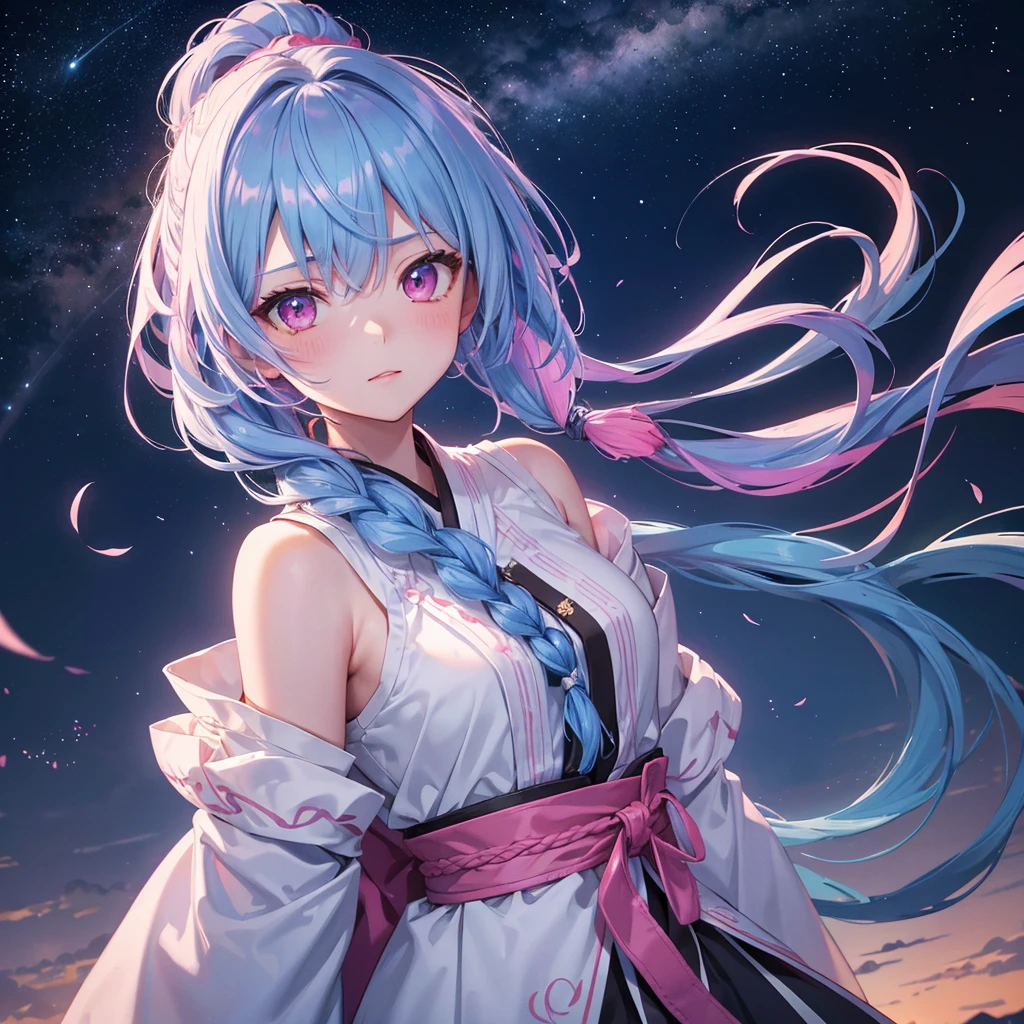 Sky blue hair, (One braided ponytail),(Pink Eyes),Fair skin ,(whole body),(One girl),Hanfu,(Sky Yue),Tanabata,(The Milky Way in the night sky),Blushing,Straight bangs,(masterpiece, Highest quality, Very detailed, Best Shadow), (Detailed Background), (Beautifully detailed face), High Contrast, (Best lighting, Very delicate and beautiful), ((Cinematic Light)), colorful, Hyper Detail, Dramatic Light, Intricate details,
