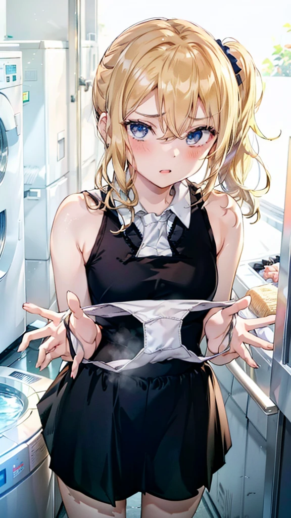 One girl,
Laundry room,washing machine, Laundry basket, a few underwears are in a Laundry basket,
Blonde, {{{short ponytail:1.3}}}、break,blush, bow, 赤いbow, Black tank top、,, skirt, プリーツskirt, 黒いskirt, Very small breasts,
{{{Face close-up}}},Upper Body,,Pay attention to the panties,Quality underwear,
Look up,View your viewers,Looking up、From above、
Present white panties,
Tabletop, Highest quality, , Absurd, Perfect Skin, Detailed skin texture, Ultra-detailed, 8K, Intricate details, Beautifully detailed face,High resolution,
 {{{Shadowed face}}}, mock, , Glare、Get angry、, , Looking up at the viewer, masterpiece,Absurd, Beautiful detailed face when viewed from the front,