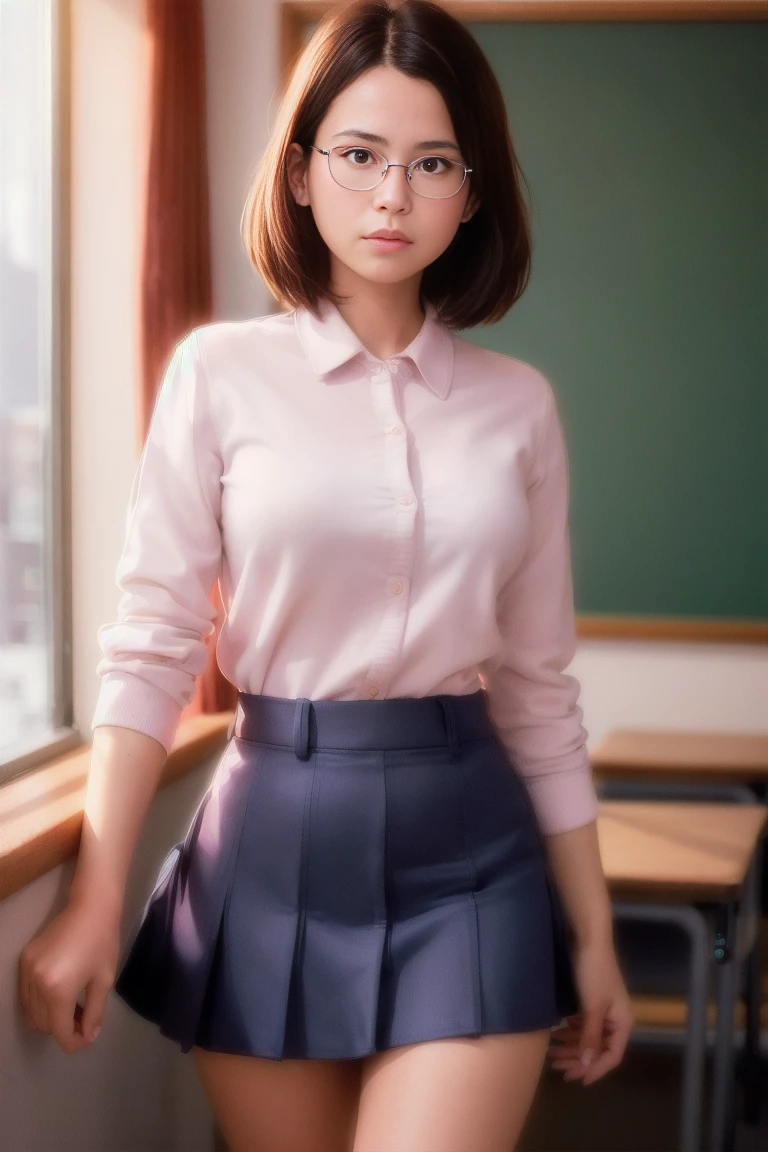 25 year old female(glasses eyes), milf, ((in classroom background)), ((schoolar uniform)), raw-photo, (fotorrealisitic:1.37, realisitic), highly detailed 8K unified CG wallpapers, 1 girl, ((perfectbody:1.1)), (medium breasts:1.2) , gazing at viewer, (((straight from front))), (HQ Skin:1.2, shining skin), 8K Ultra-HD, dslr, soft lighting, high qualiy, Film grain, Fujifilm XT3, ((whole body:0.8)), (professional lighting:1.4) ,