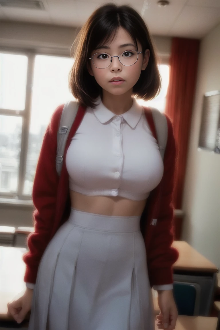 25 year old female(glasses eyes), milf, ((in classroom background)), ((schoolar uniform)), raw-photo, (fotorrealisitic:1.37, realisitic), highly detailed 8K unified CG wallpapers, 1 girl, ((perfectbody:1.1)), (medium breasts:1.2) , gazing at viewer, (((straight from front))), (HQ Skin:1.2, shining skin), 8K Ultra-HD, dslr, soft lighting, high qualiy, Film grain, Fujifilm XT3, ((whole body:0.8)), (professional lighting:1.4) ,