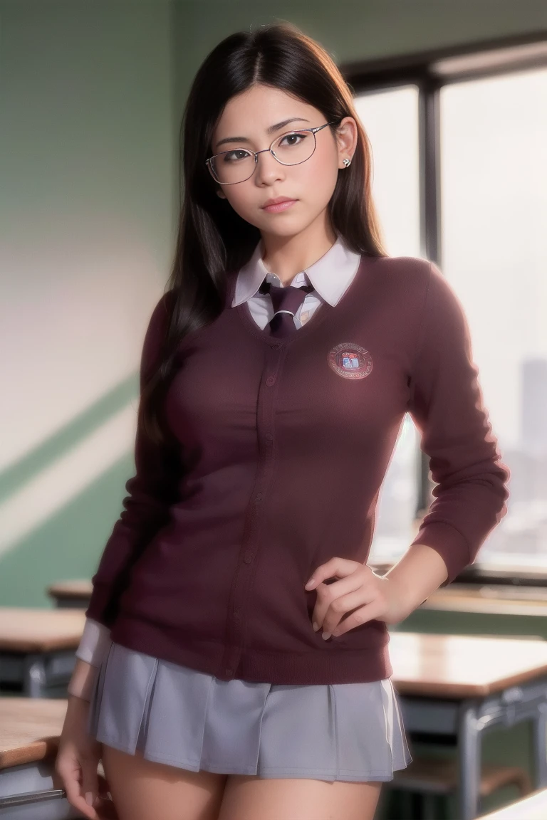 25 year old female(glasses eyes), milf, ((in classroom background)), ((schoolar uniform)), raw-photo, (fotorrealisitic:1.37, realisitic), highly detailed 8K unified CG wallpapers, 1 girl, ((perfectbody:1.1)), (medium breasts:1.2) , gazing at viewer, (((straight from front))), (HQ Skin:1.2, shining skin), 8K Ultra-HD, dslr, soft lighting, high qualiy, Film grain, Fujifilm XT3, ((whole body:0.8)), (professional lighting:1.4) ,