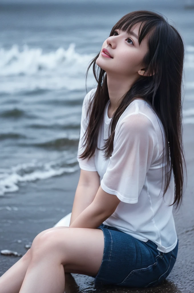 22year old beautiful girl、Highest image quality、realistic、16K、beautiful woman、long hair、With bangs、Pretty slim、heavy rain、While walking through the Beach in the rain、wet from heavy rain、Full body figure、Look up at the sky、sitting on the beach、Look up at the sky
