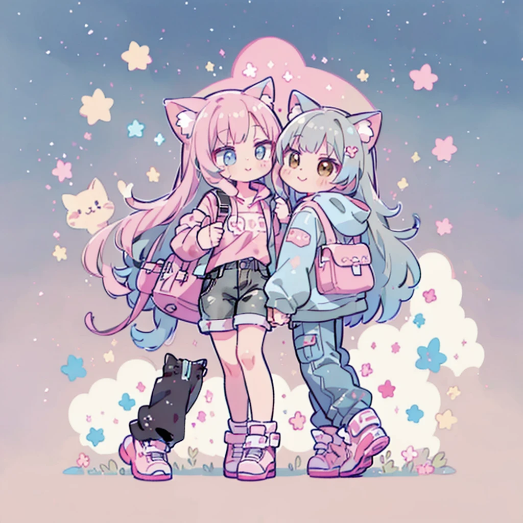((Highest quality,masterpiece,Extremely complex and exquisite details,A short girl with gray and blue cat ears and long hair is in the center,Gray blue super long straight hair,Curly hair at the ends,Sparse air bangs,Gray and pink T-shirt with xJ lettering,Denim hooded cropped jacket,Black and gray long cargo pants)),(pink and white sneakers,Smile slightly,Surrounded by tons of cute short-legged cats,Correct anatomy),Super Q super cute short full body portrait,Starry sky background vertical painting space scene