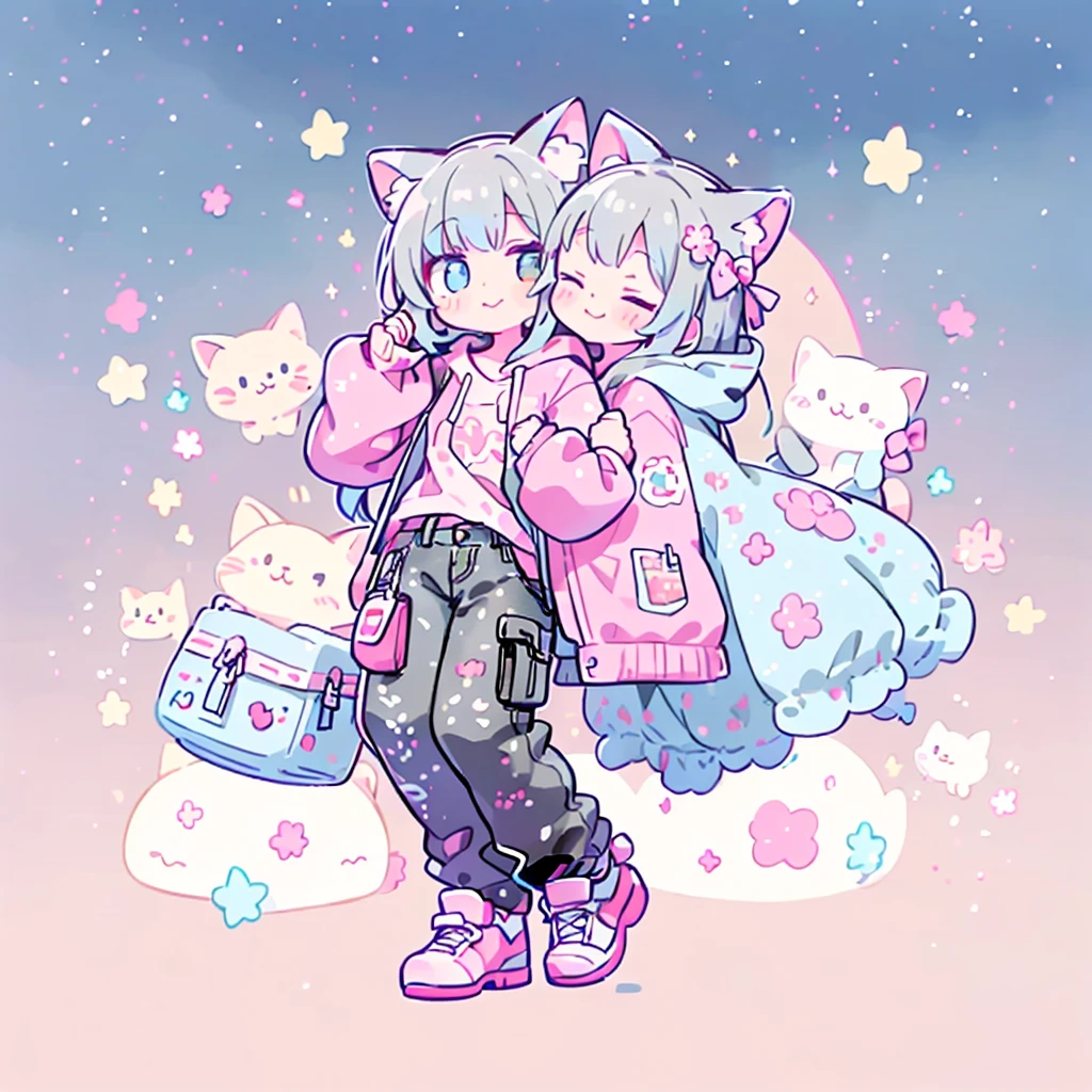 ((Highest quality,masterpiece,Extremely complex and exquisite details,A short girl with gray and blue cat ears and long hair is in the center,Gray blue super long straight hair,Curly hair at the ends,Sparse air bangs,Gray and pink T-shirt with xJ lettering,Denim hooded cropped jacket,Black and gray long cargo pants)),(pink and white sneakers,Smile slightly,Surrounded by tons of cute short-legged cats,Correct anatomy),Super Q super cute short full body portrait,Starry sky background vertical painting space scene