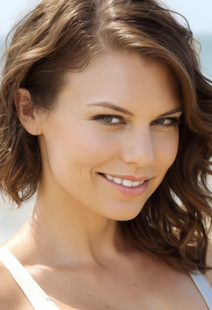  high quality  Erotic shot ,  celebrity erotic photograph , (lauren_cohan), elegant mouth closed smile, pretty , 35 yo woman, photoshoot, wearing a  sweaty sexy top slight curly hair:1.4, extremely long  hair , erotic photoshoot  , exhausted look, wet, shiny sweaty skin, seductive smiling , posing  on beach, wet hair, erotic lighting , rosy white pale  skin tone , erect nipples , celebrity, female,  woman, hollywood actress, , erotic angle  , fleshy muscular woman  , ( natural lights, photorealistic,  depth of field, insanely detailed skin texture, hyper detailed features ) 