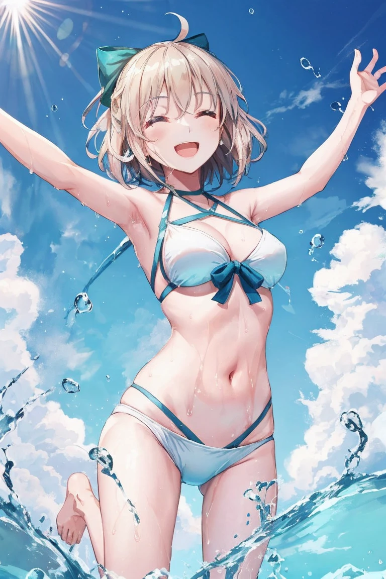 masterpiece, best quality,extremely detailed CG unity 8k wallpaper,
1girl,okita souji \(fate\), swimsuit,bikini,
smile,open_mouth,dynamic_jumping,sunlight,splash_of_water,happy,closed_eyes,selfie