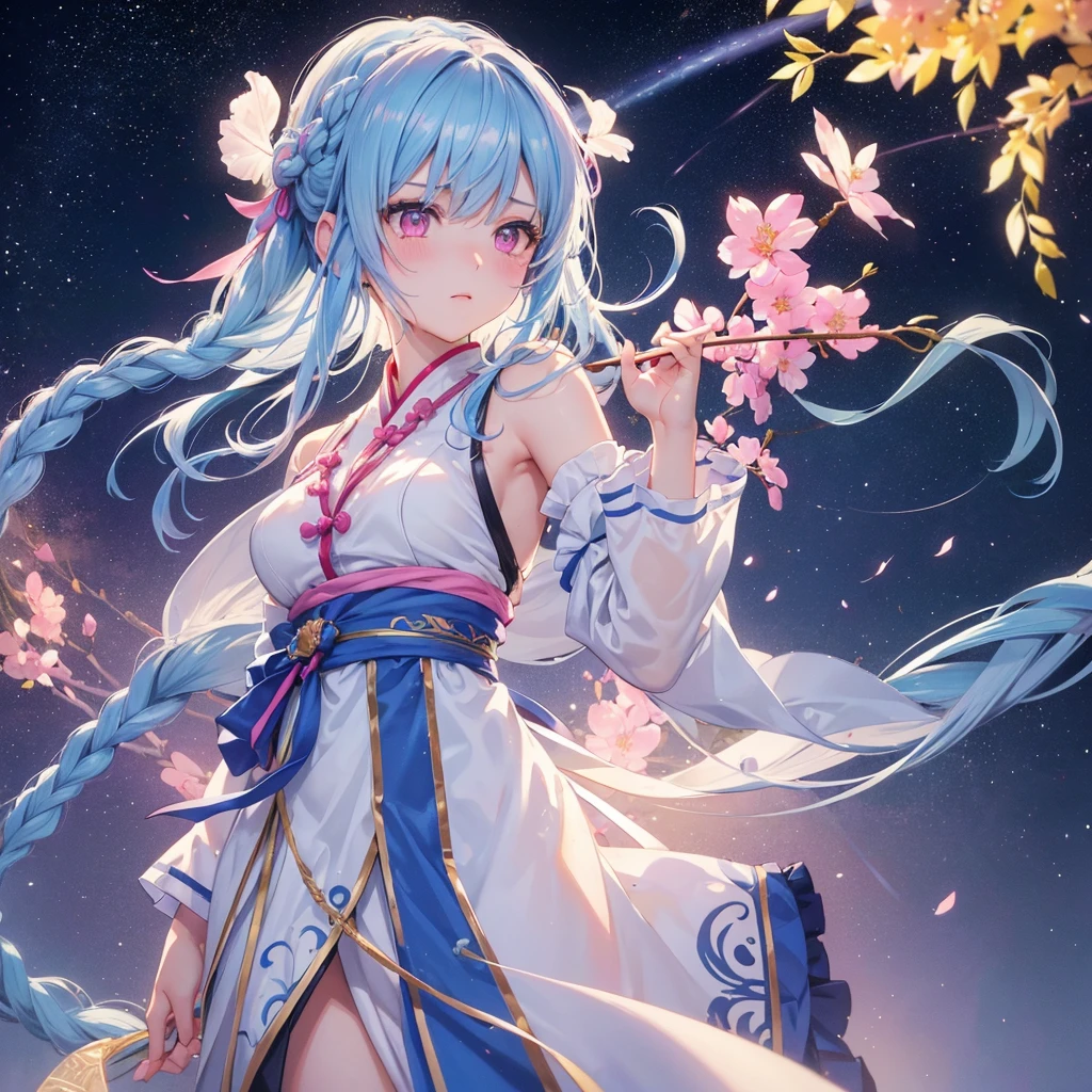 Sky blue hair, (One braided ponytail),(Pink Eyes),Fair skin ,(whole body),(One girl),Hanfu,(Sky Yue),Tanabata,(The Milky Way in the night sky),Hollow Eyes,Blushing,Straight bangs,(masterpiece, Highest quality, Very detailed, Best Shadow), (Detailed Background), (Beautifully detailed face), High Contrast, (Best lighting, Very delicate and beautiful), ((Cinematic Light)), colorful, Hyper Detail, Dramatic Light, Intricate details,