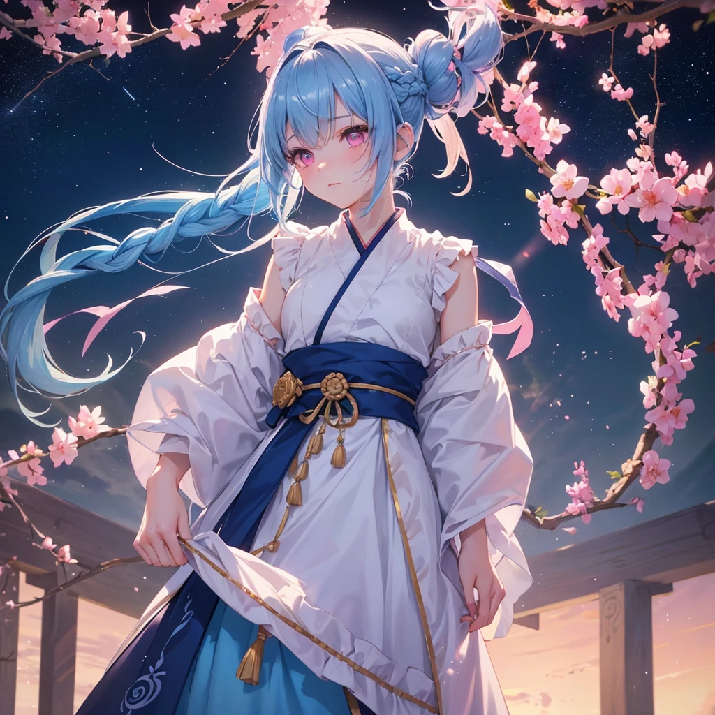 Sky blue hair, (One braided ponytail),(Pink Eyes),Fair skin ,(whole body),(One girl),Hanfu,(Sky Yue),Tanabata,(The Milky Way in the night sky),Hollow Eyes,Blushing,Straight bangs,(masterpiece, Highest quality, Very detailed, Best Shadow), (Detailed Background), (Beautifully detailed face), High Contrast, (Best lighting, Very delicate and beautiful), ((Cinematic Light)), colorful, Hyper Detail, Dramatic Light, Intricate details,