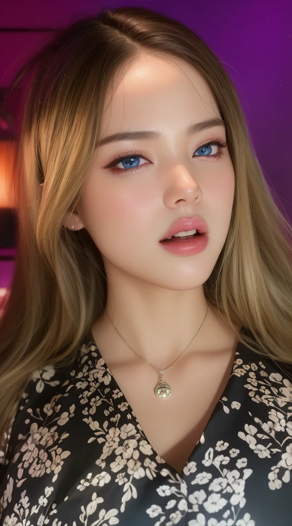 Beautiful big breastokeh), indoors, detailed luxury living room, gentle and charming beautiful goddess,tongue, Korean(kpop-idol), solo, necklace, oval face, double eyelids, smart, good hands, good feet, Natural, (from below angle), (glossy skin:1.05), ((low angle)), Perfect figure, (64k, UHD, RAW photo, best quality, masterpiece:1.4), (realistic, photo-realistic:1.37), ultra high res, photon mapping, radiosity, physically-based rendering, professional soft lighting, blue eyes, purpel hair, tattoo