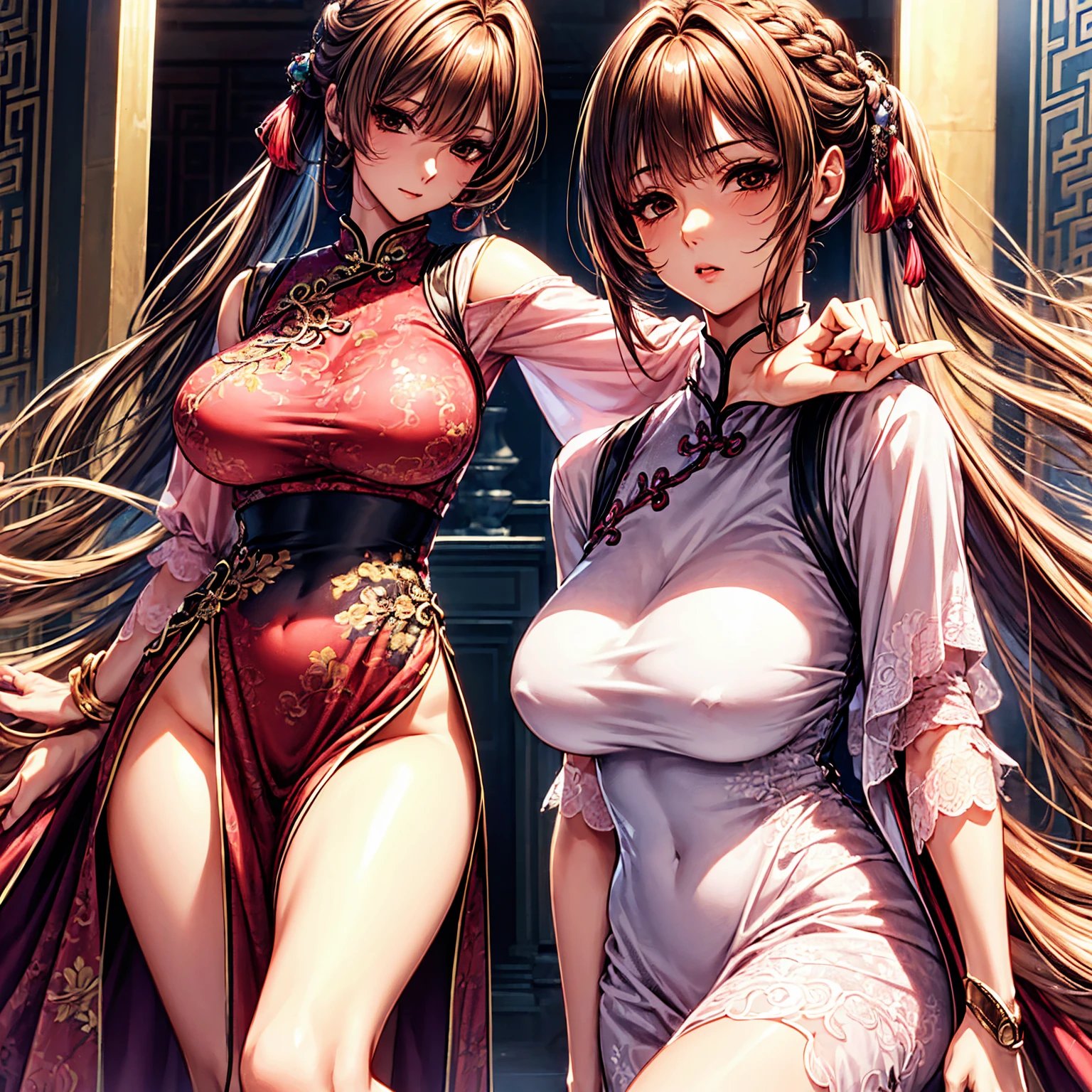 top-quality、tmasterpiece、Very high resolution、super high image quality、High-quality pixels)、perfect eyes, perfect face, perfect body figure,solo,8K, large breast,(Detailed description of hair), (Detailed description of face),(Detailed description of body), fair and clear skin, matchless beauty, long legged, light pink hair details expressed, The details have been upgraded, brown hair, twin ponytails, brown eyes, full-body chinese cheongsam