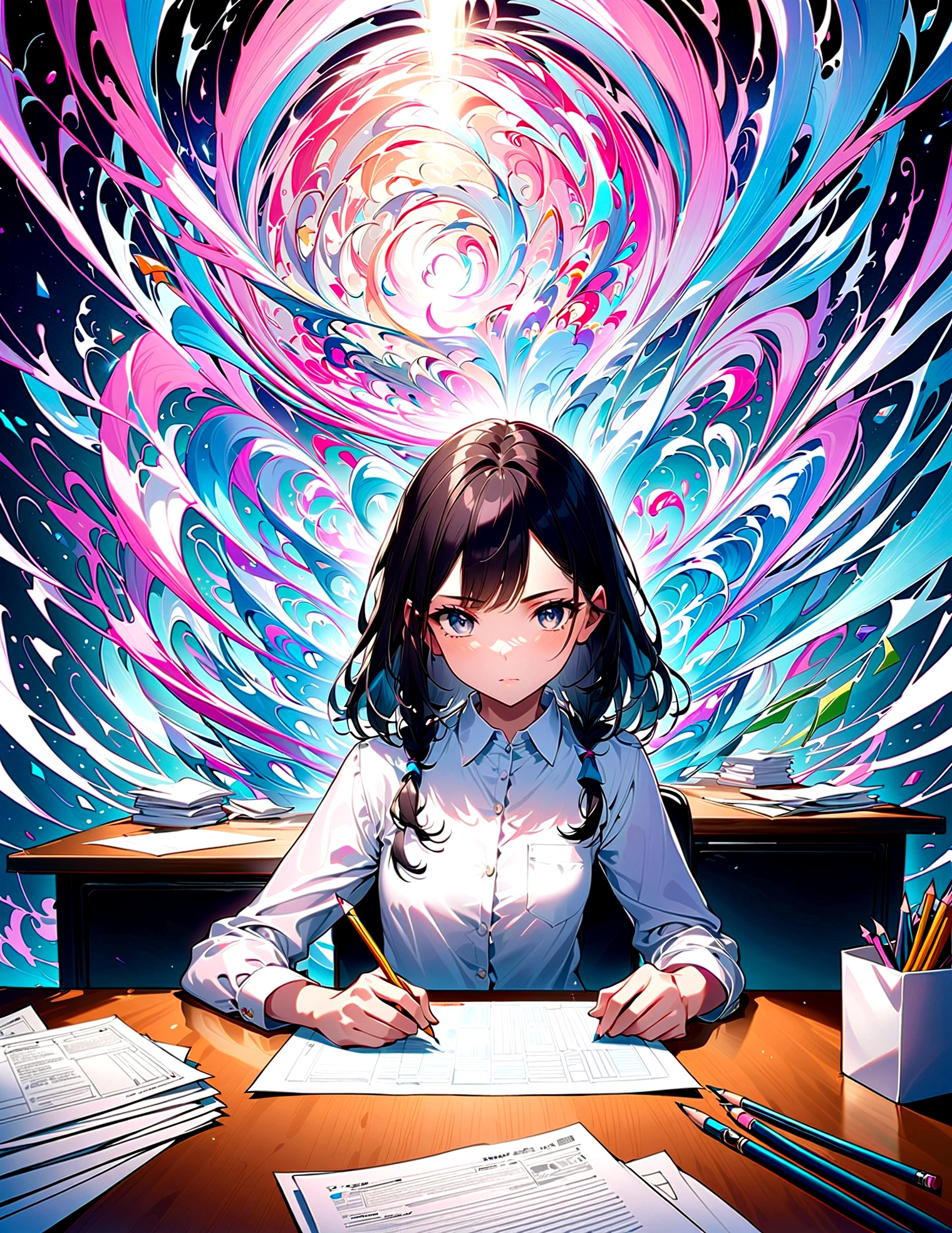 A taking a paper test,Focus on the girl,She is a quiet and smart girl..,A woman is sitting in a chair in front of a desk with a paper test on it。.,There are pencils and erasers on the desk..,The girl is working on a paper test with a serious expression,The girl is looking at a paper test sheet,The woman appears calm, But she's actually confused..,High school career,Draw an abstract background to represent confusion,(Configuration ? Or distorted alphabet in the background),(masterpiece:1.3),(Highest quality:1.4),(Super detailed:1.5),High resolution,Very detailed,unity 8k wallpaper,An illustration