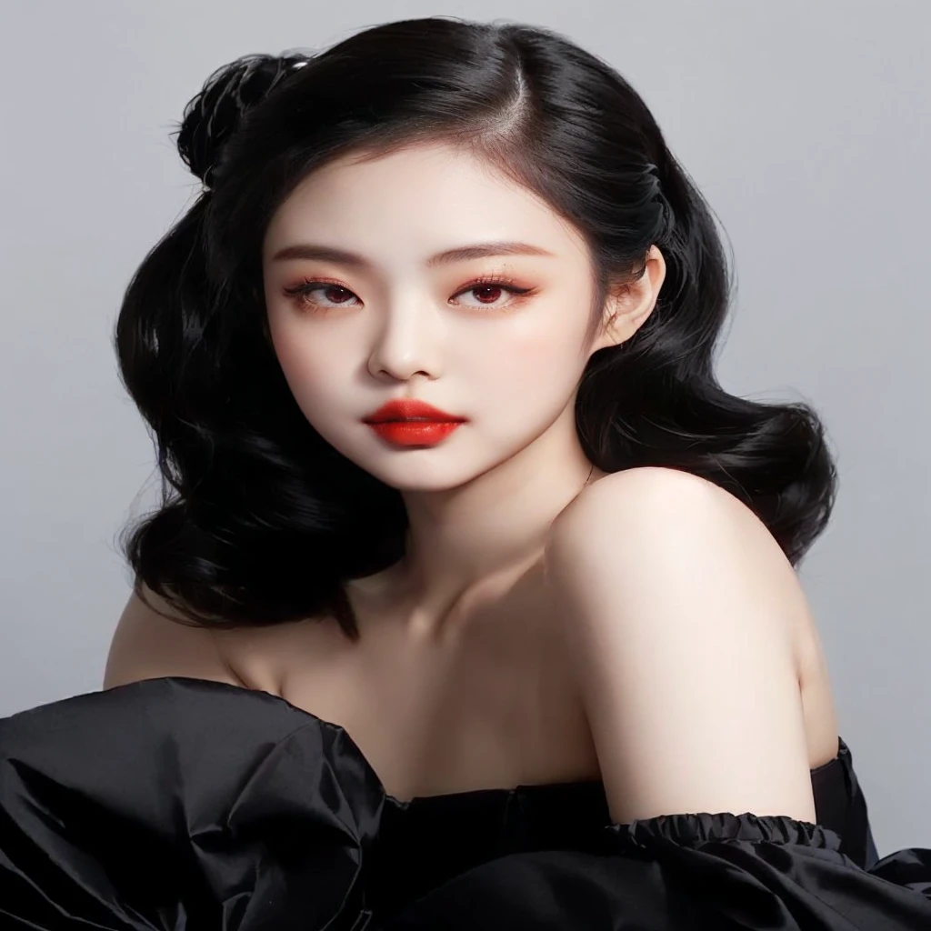 Close-up of a woman wearing red lipstick and a black dress, jennie pink black, quack ji joven, beautiful south korean woman, Chen powder, shaxi, ruan jia beautiful!, korean female actress, gongbi, jingna zhang, by Ni Tian, hwang se-en, South Korean popular makeup, parque me, korean woman