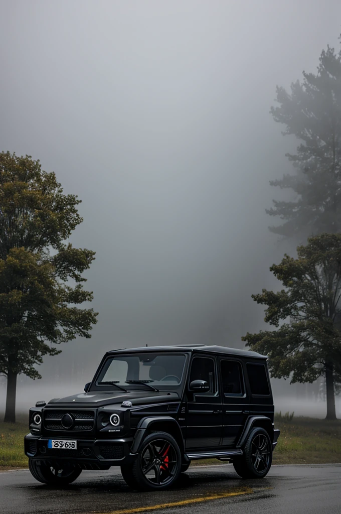 A black g wagon in fog