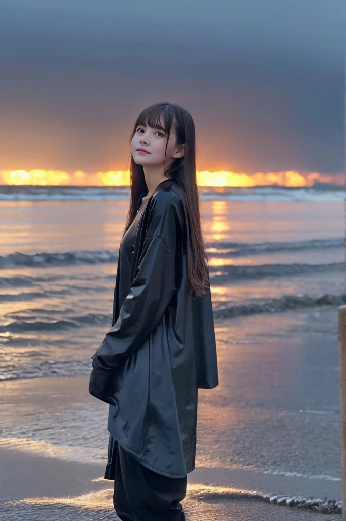 22year old beautiful girl、Highest image quality、realistic、16K、beautiful woman、long hair、With bangs、Pretty slim、heavy rain、While walking through the Beach in the rain、wet from heavy rain、Full body figure、Look up at the sky、Sit on the beach、heavy rain