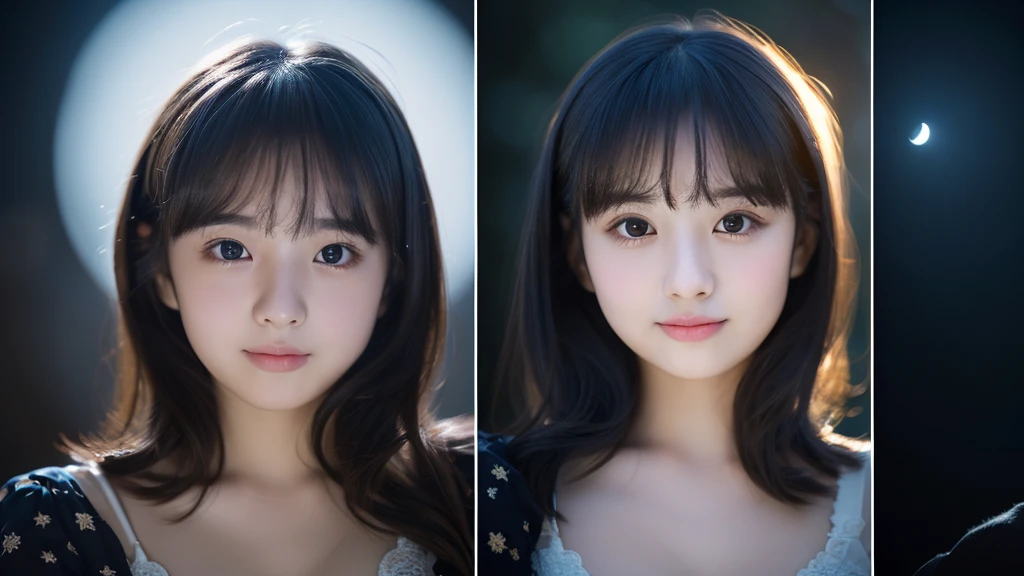 A very cute face like an idol、Looks like a young face、Only one 20-year-old woman、Gentle and cute、Cleavage、Beautiful starry night、((The only light is from the moon))、(((Cinema Lighting)))、(Dark Light)、RAW Photos、Genuine、((Quality indistinguishable from real life))、(Artistic Expression)、Real Stick、High resolution、masterpiece