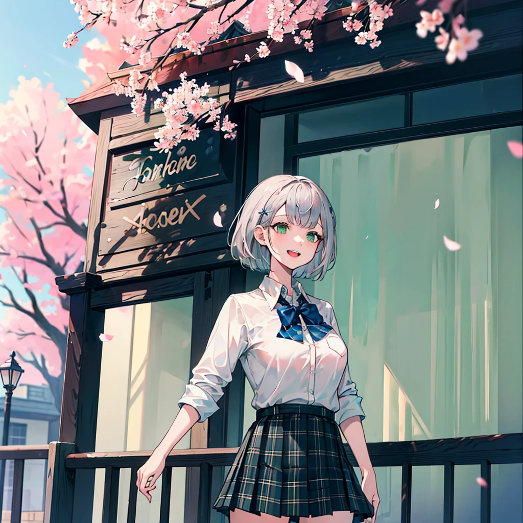 masterpiece, best quality, highres, ffnoel, short hair, x hair ornament, green eyes, blue bowtie, white shirt, collared shirt, black skirt, plaid skirt, pleated skirt, miniskirt, smile, outdoors, cherry blossoms, standing, cowboy shot, open mouth,