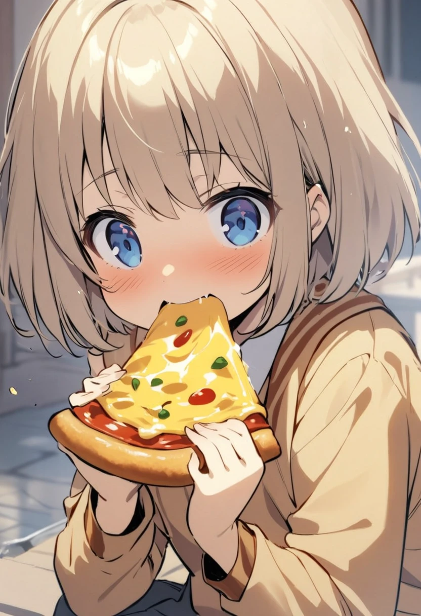 girl,Ten years old、 cute, short hair, Big blue eyes, Biting into melted cheese pizza、Eat pizza deliciously