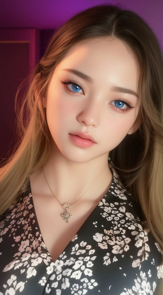 Beautiful big breastokeh), indoors, detailed luxury living room, gentle and charming beautiful goddess, Korean(kpop-idol), solo, necklace, oval face, double eyelids, smart, good hands, good feet, Natural, (from below angle), (glossy skin:1.05), ((low angle)), Perfect figure, (64k, UHD, RAW photo, best quality, masterpiece:1.4), (realistic, photo-realistic:1.37), ultra high res, photon mapping, radiosity, physically-based rendering, professional soft lighting, blue eyes, purpel hair, tattoo