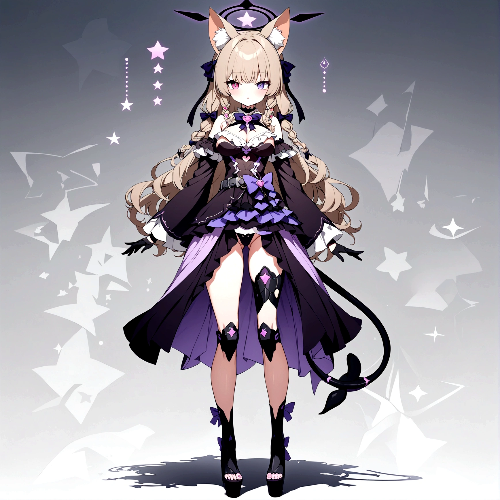 woman 170 cm tall. (character design sheet: front view). Dark blonde long hair, slim build. wavy hair with hip length curls, has a short central tuft, She has a short braid on the left side over her chest with a purple bow, She has a short braid on the right side over her chest with a purple bow. Two black and purple serval ears located on the top of the head... small face. (heterochromia: one gray eye and one purple eye), has small ribbons on the right and left side of the hair. extremely detailed face, Beautiful detailed eyes, beautiful detailed lips. adorable, extremely detailed legs, (Best Quality, 4k, 8k, high resolution), ultra detailed, Exquisite and epic character art... Black platform heels, Elegant one-piece long dress with ruffle skirt and wide sleeves. Ribbon decorations and star patterns on clothing. black gloves. gray belt at the waist with a large ribbon with a luminous pink heart in the middle. black necklace with heart emblem on the neck. It has a succubus tail with a small luminous violet star at the tip of the tail...... (wide hip). Luminous black halo with purple star patterns above his head..... (medium chest size). Mechanical legs up to the thigh in black.