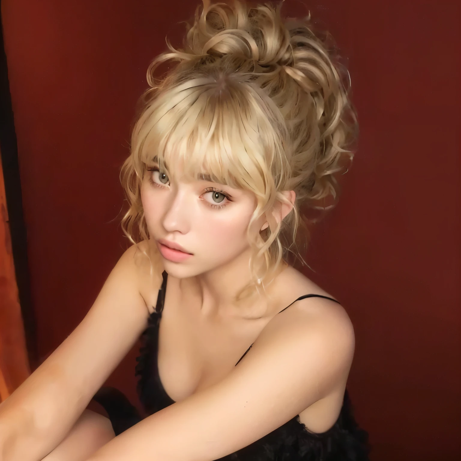 blond woman with messy hair sitting on a stool in a room, curly bangs and ponytail, fluffy bangs, curly bangs, imogen poots, portrait of kim petras, with bangs, side portrait of imogen poots, messy bangs, with full bangs, imogen poots d&d paladin, bangs and wavy hair, imogen poots paladin