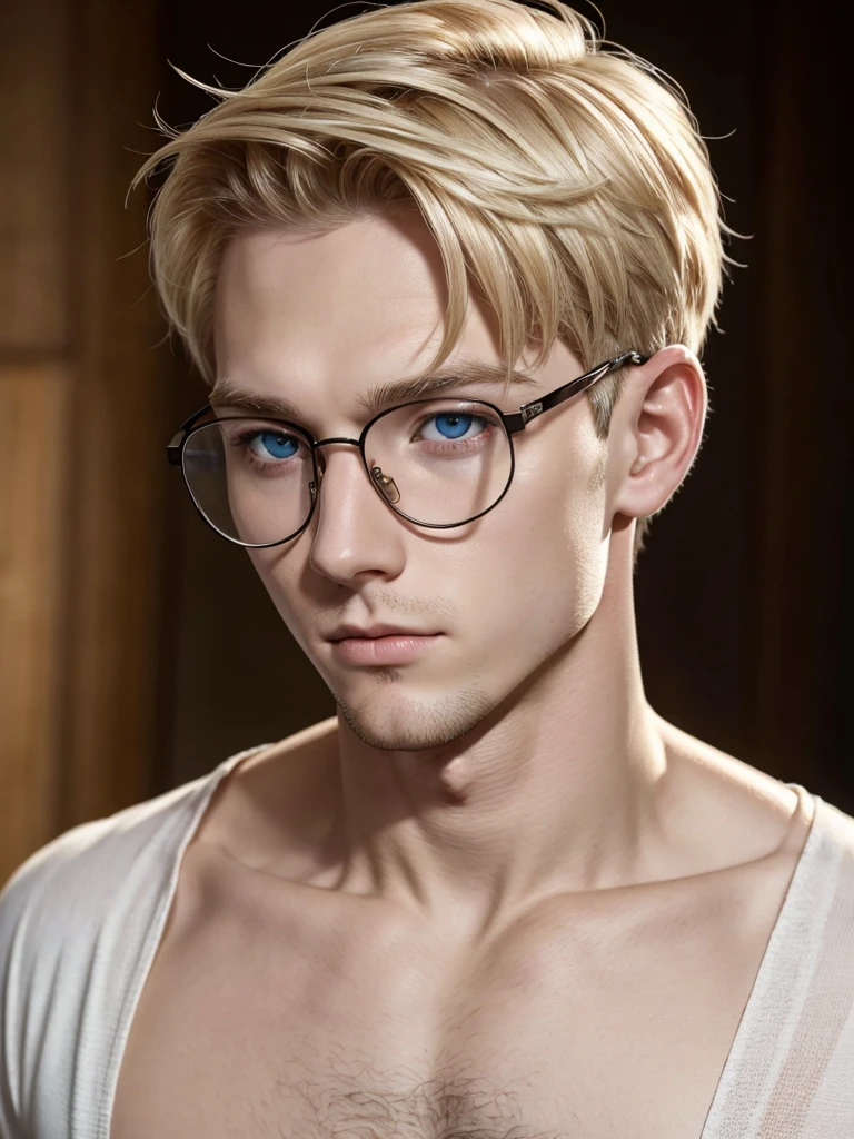 (best quality), 1boy, Male, porcelain skin, blonde hair, short hair, Flipped-up ends, brown eyes, perfect eyes, glasses, masterpiece, anatomically correct, highres
