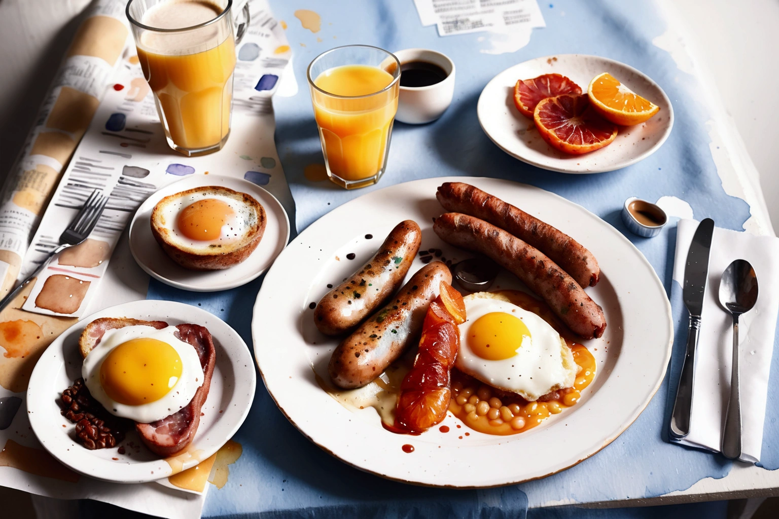 a very clean image painting of a full english breakfast menu, full dining set, solid white background, center composition, negative space around the object, washed out color, detailed masterpiece, loose drawing, clipart, vector art, illustration, a cup of (coffee), an orange juice, ((watercolor))