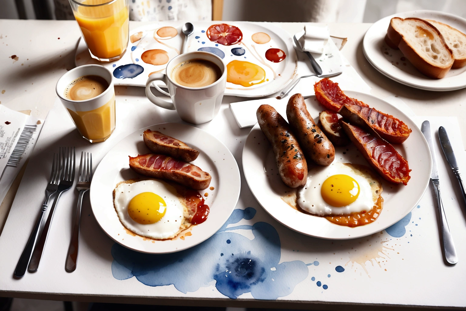 a very clean image painting of a full english breakfast menu, full dining set, solid white background, center composition, negative space around the object, washed out color, detailed masterpiece, loose drawing, clipart, vector art, illustration, a cup of (coffee), an orange juice, ((watercolor))