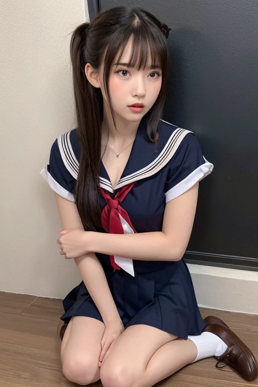 Highest quality、Professional Writing、 Detailed workmanship、High resolution、(8K, High resolution:1.2)、(RAW Photos, Realistic:1.3)、masterpiece、Slim figure、High resolutionの顔、The face is in focus、High resolutionの目、(concentrate, Symmetrical pupils:1.2)、Slim figure、High quality and beautiful skin、Firm Skin、Natural Makeup、Gloss Lip, High-definition hair texture、 (Japanese schoolgirl)、Unparalleled beauty、、cute, Hair Bun, classroom、(Sailor suit、Black socks、Black Loafers:1.3), (Sit on the floor by the wall:1.3), ((Hold your arms tightly against your chest:1.3)), very cute, (Very angry:1.3), (blush:1.3), (is scared:1.3), Strange facial expression、Looking up at the camera:1.2、(Shirt front opening:1.2), (Cleavage, Browsing Caution)