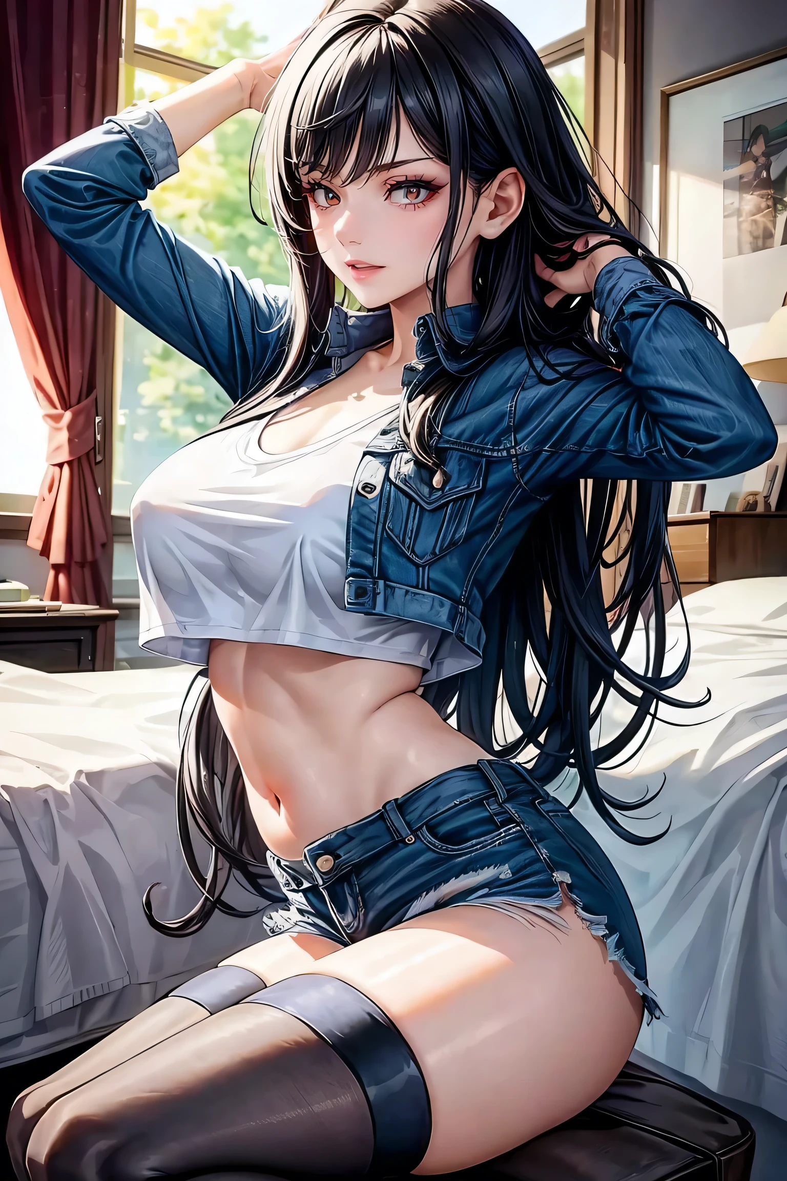 woman, sexy woman, female, mommy, black hair, red eyes, detailed eyes, detailed lips, big breasts, midriff peek, sit with crossed legs, bedroom, evil smile, seductive lips, looking back crop top overhang, adjusting hair, skirt, jean jacket