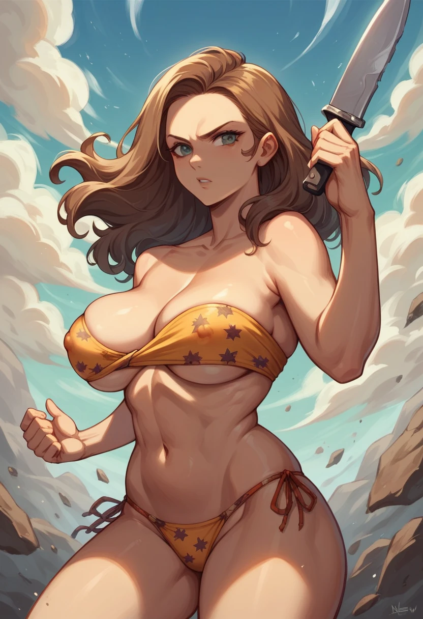 1girl,nsfw, glamorous, voluptuous,forehead, shoulder-length wavy brown back hair ,paisley print orange bandeau bikini ,with knife,battle,erectile nipples