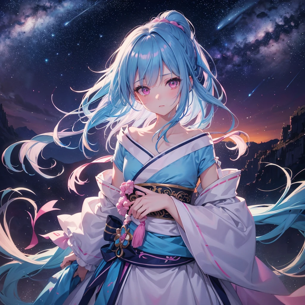 Sky blue hair, (One braided ponytail),(Pink Eyes),Fair skin ,(whole body),(One girl),Hanfu,Tanabata,(The Milky Way in the night sky),Hollow Eyes,Blushing,Straight bangs,(masterpiece, Highest quality, Very detailed, Best Shadow), (Detailed Background), (Beautifully detailed face), High Contrast, (Best lighting, Very delicate and beautiful), ((Cinematic Light)), colorful, Hyper Detail, Dramatic Light, Intricate details,