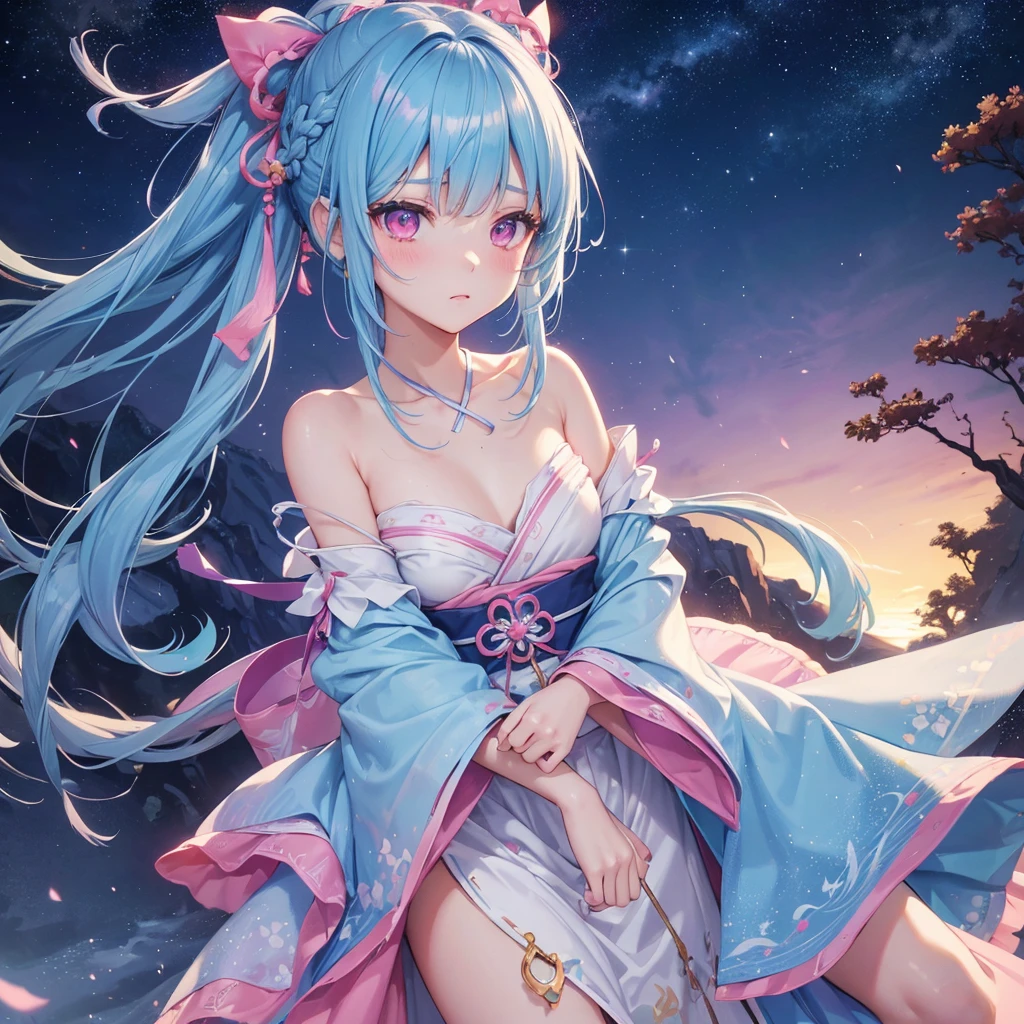 Sky blue hair, (One braided ponytail),(Pink Eyes),Fair skin ,(whole body),(One girl),Hanfu,Tanabata,(The Milky Way in the night sky),Hollow Eyes,Blushing,Straight bangs,(masterpiece, Highest quality, Very detailed, Best Shadow), (Detailed Background), (Beautifully detailed face), High Contrast, (Best lighting, Very delicate and beautiful), ((Cinematic Light)), colorful, Hyper Detail, Dramatic Light, Intricate details,