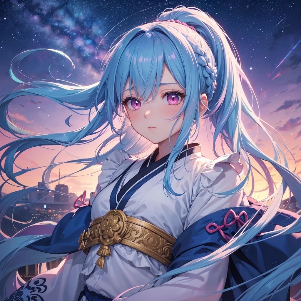 Sky blue hair, (One braided ponytail),(Pink Eyes),Fair skin ,(whole body),(One girl),Hanfu,Tanabata,(The Milky Way in the night sky),Hollow Eyes,Blushing,Straight bangs,(masterpiece, Highest quality, Very detailed, Best Shadow), (Detailed Background), (Beautifully detailed face), High Contrast, (Best lighting, Very delicate and beautiful), ((Cinematic Light)), colorful, Hyper Detail, Dramatic Light, Intricate details,