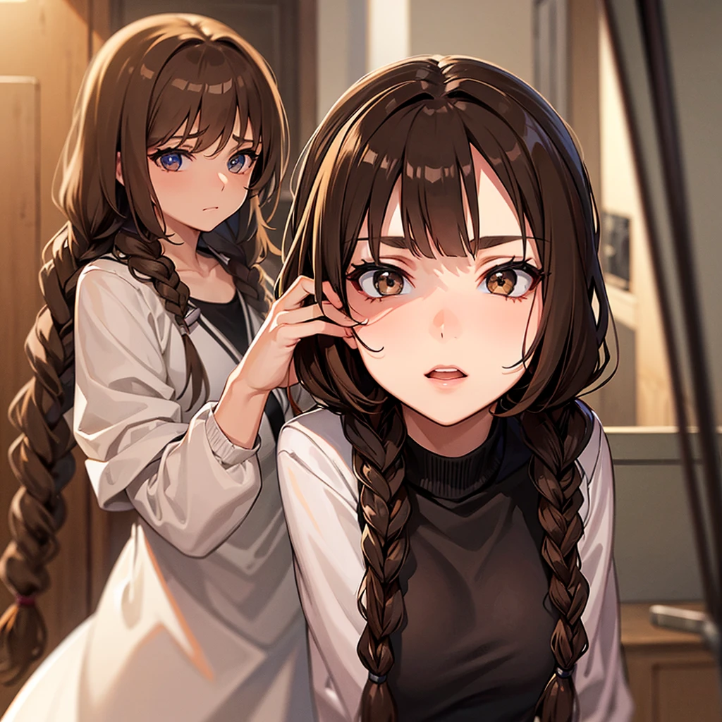 Female gender
Eyes: brown
Hair: brown in two braids
Adult