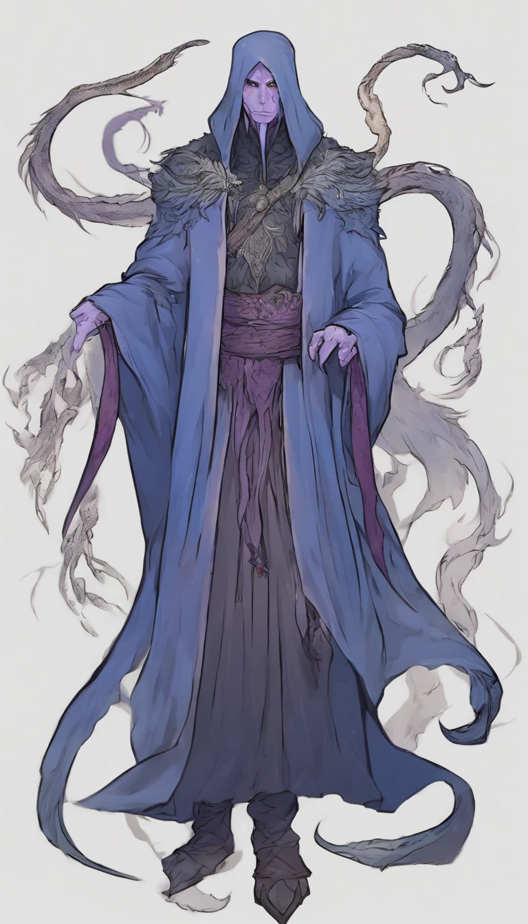 Mind flayer,Inspired by Dungeons & Dragons,Inspired by Cthulhu,Full body concept art illustration of Mind Flayer。The character has human-like proportions,tall、slim and muscular。The character has 4 tentacles extending from its chin,Light purple skin,Almost Blue。The character is dressed in exquisite、Luxurious black academic robes and ornate leather boots。Background is blank