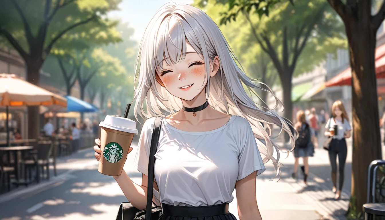 1girl, solo, freckles, smile, cup, bag, closed_eyes, choker, shirt, white_hair, black_choker, disposable_cup, holding, long_hair, white_shirt, holding_cup, outdoors, parted_lips, blurry, blurry_background, short_sleeves, shoulder_bag, coffee_cup, tree, blush, Ultra-realism