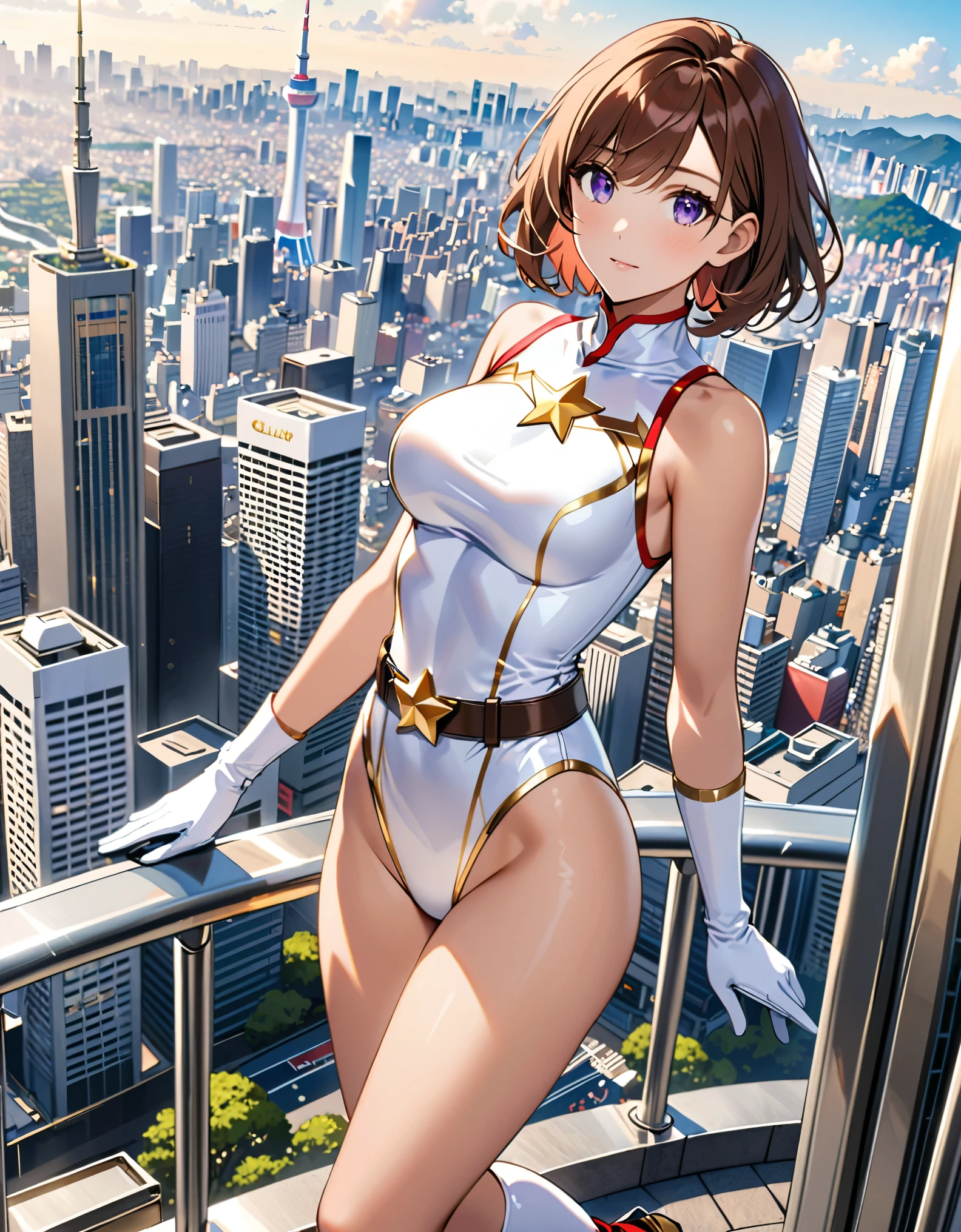 (masterpiece), (best quality), (high res), medium breasts, ((leotard, white and red leotard, matching leotard, sleeveless, bare legs)), ((tight belt, gold belt)), ((boots, matching boots, ankle-high boots, white boots)), ((gloves, white gloves)), city backdrop, tokyo city backdrop, solo, solo focus, (full body), cowboy shot, flying like a superhero, superhero, ((beautiful detailed eyes)), ((gold star symbol on chest)), (brown hair, medium hair, bob hair, purple eyes), (perfect hands, perfect anatomy), cowboy shot, ((beautiful detailed eyes)), full body costume design.