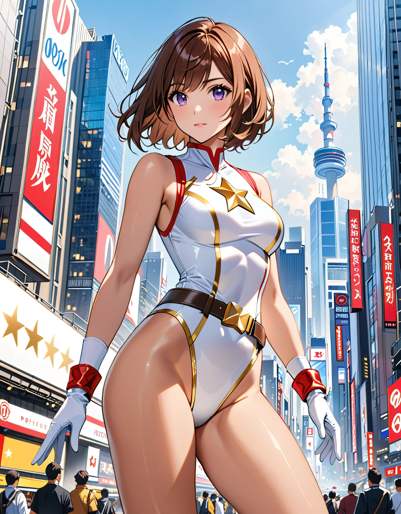 (masterpiece), (best quality), (high res), medium breasts, ((leotard, white and red leotard, matching leotard, sleeveless, bare legs)), ((tight belt, gold belt)), ((boots, matching boots, ankle-high boots, white boots)), ((gloves, white gloves)), city backdrop, tokyo city backdrop, solo, solo focus, (full body), cowboy shot, flying like a superhero, superhero, ((beautiful detailed eyes)), ((gold star symbol on chest)), (brown hair, medium hair, bob hair, purple eyes), (perfect hands, perfect anatomy), cowboy shot, ((beautiful detailed eyes)), full body costume design.