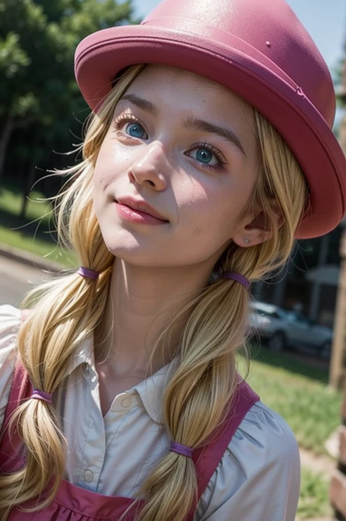 maroon, 1 girl, standing alone, ssmile, blue colored eyes, hair blonde, long hair, twintails baixos, pink hat, camisa vaqueira wet, long sleeves, pink dress, wet, ssmile, cloused mouth, cowboy shot, forst, open air, (incredibily detailed, beautifull detailed face, work of art, best qualityer) cinematic lighting,