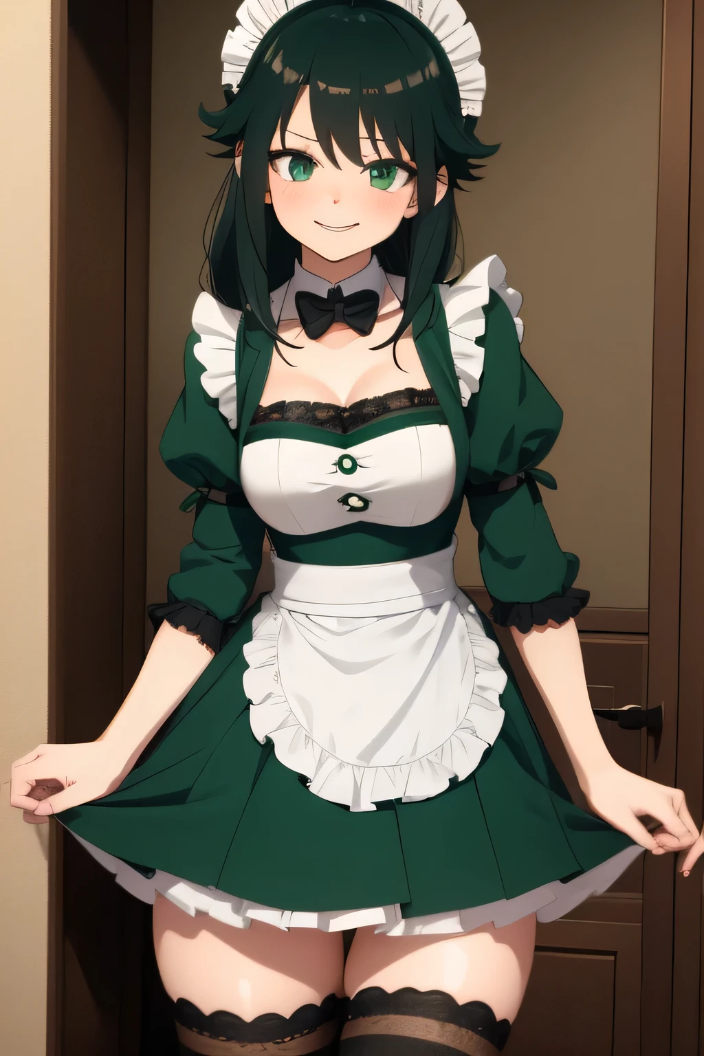 Izuku midoriya female version with short wild dark green hair, smiling a little blushing, dressed as a somewhat sexy maid, in a back room