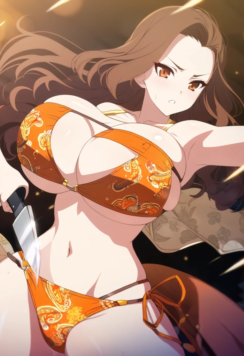 1girl,nsfw, glamorous, voluptuous,forehead, shoulder-length wavy brown back hair ，paisley print orange bandeau bikini ,with knife,battle