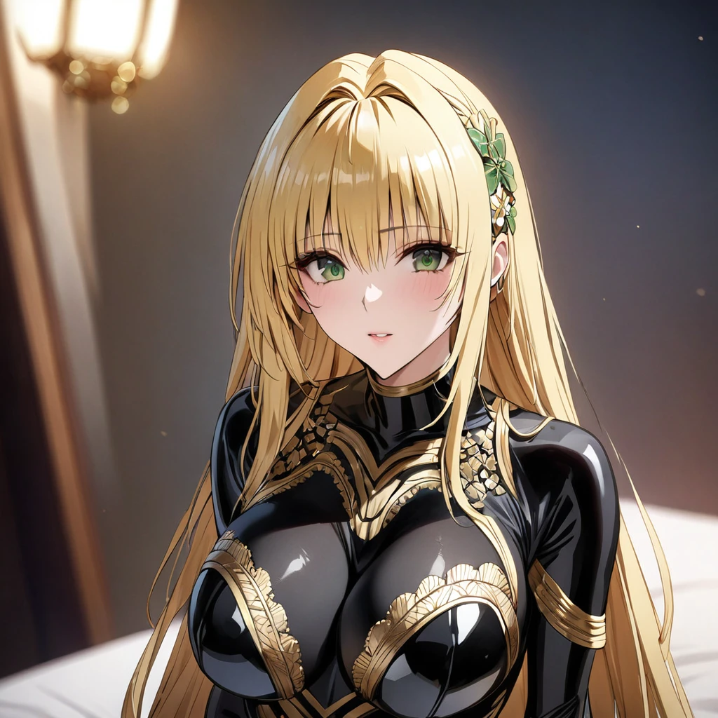 ((Highest quality)), ((masterpiece)), (detailed), (Perfect Face)、The woman is Tiare, with green eyes and medium-long blonde hair, wearing a gorgeous black Stormtrooper bodysuit with gold patterns and trim, and a gorgeous Stormtrooper full-face helmet with gold patterns and trim.