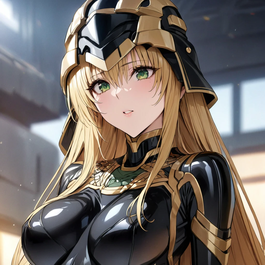 ((Highest quality)), ((masterpiece)), (detailed), (Perfect Face)、The woman is Tiare, with green eyes and medium-long blonde hair, wearing a gorgeous black Stormtrooper bodysuit with gold patterns and trim, and a gorgeous Stormtrooper full-face helmet with gold patterns and trim.