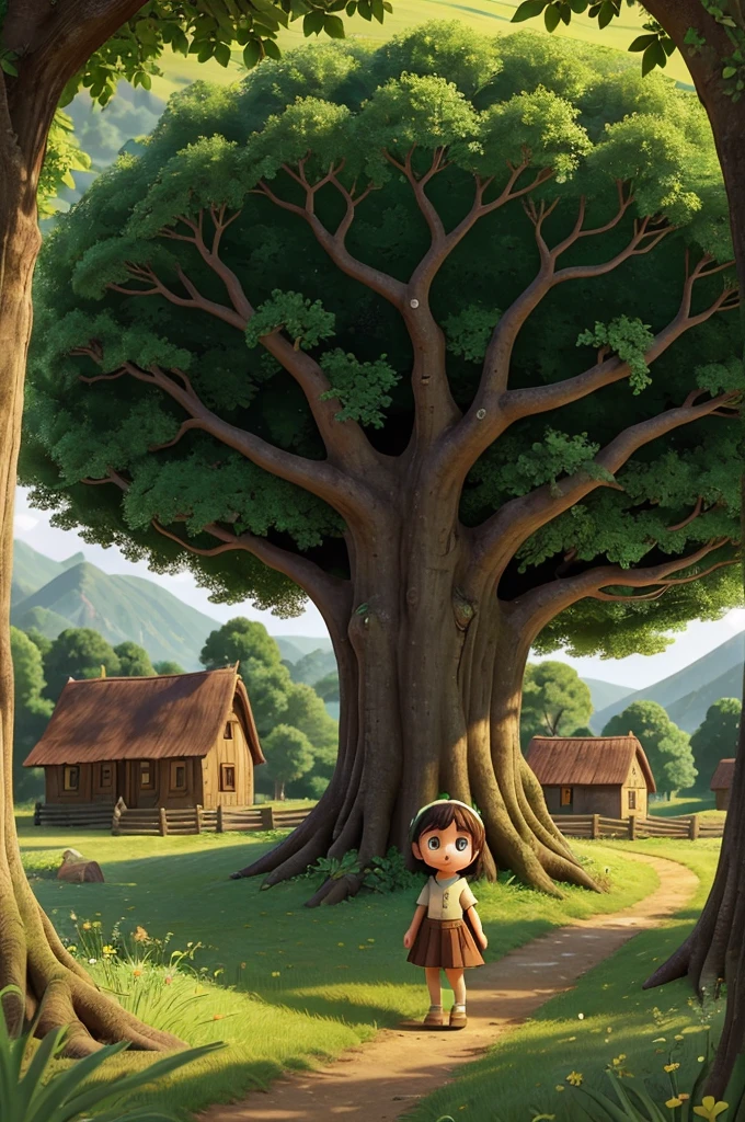 In a small village surrounded by rolling hills and green meadows, there lived a young girl named Lily. Lily was known for her bright eyes and love for adventure. One day, while exploring deeper into the forest than she had ever gone before, she stumbled upon a shimmering door nestled among the roots of an ancient oak tree.