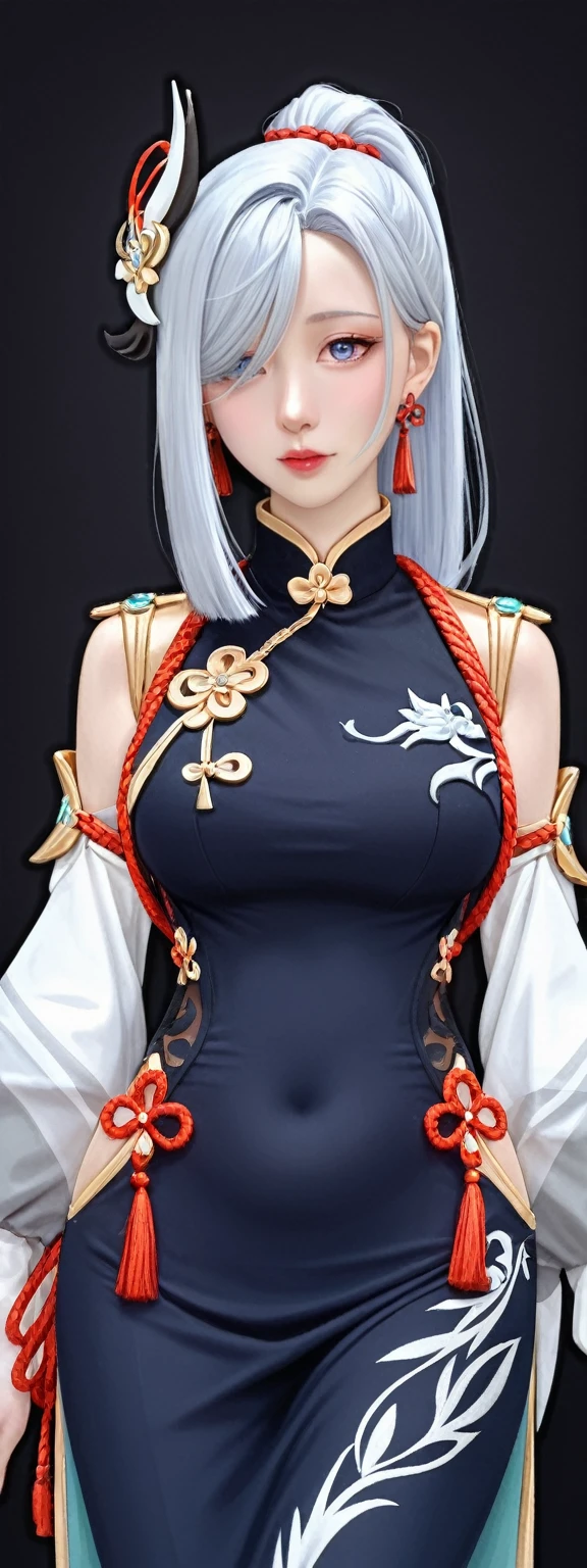  Caricature, score_9, score_8_up, score_7_up, shenhe (genshin impact), 1girl, shenhe_genshin, solo, long_hair, gradient_grey_white_hair, blue_eyes, ice_blue_divine_eye, red_rope, black_hair, white_hair, half_face_cover, ponytail, hair_accessory, crystal_lily, ear_jewelry, endless_knot, high_neck_qipao, red_cord, spiritual_practice, highres, looking_at_viewer, serene_expression, black_tight_suit, waist_cutout, red_rope_binding, crane_tail_ornament, gold_shoulder_ornament, feather_sleeves, ink_pattern, exaggerated, comical, caricature